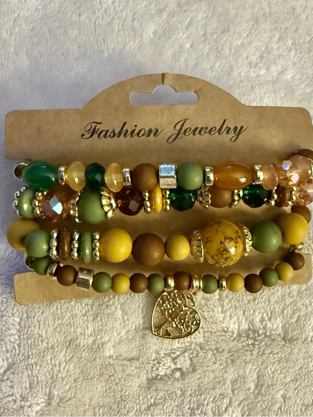 Fashion Jewelry Green, Yellow & Brown Beaded Bracelet Stack